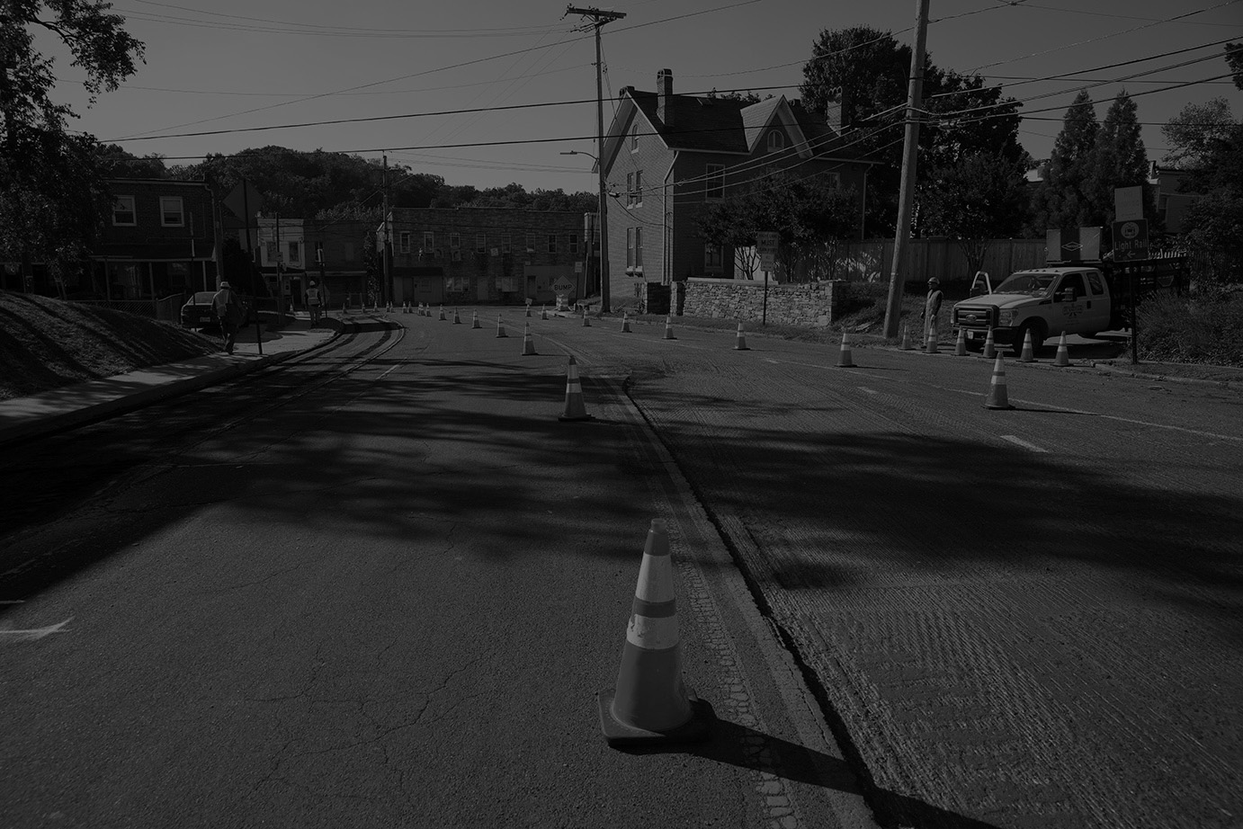 city street with construction cones