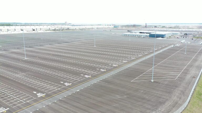 Overhead drone shot of recently paved and striped lots at Tradepoint Atlantic