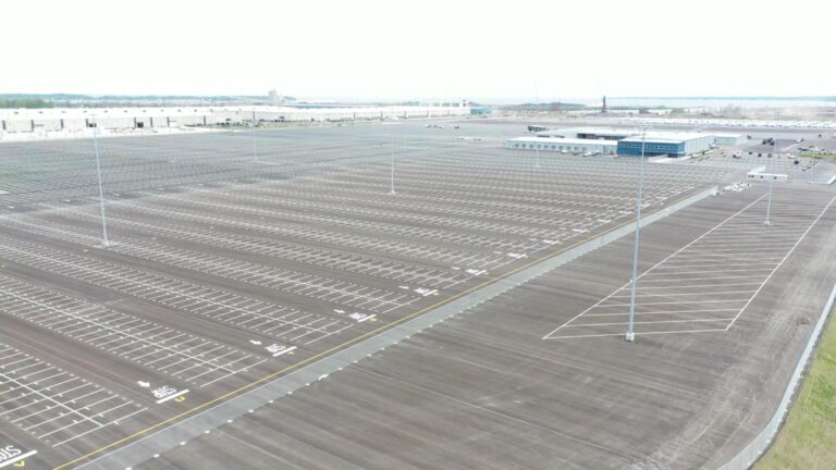 Overhead drone shot of recently paved and striped lots at Tradepoint Atlantic