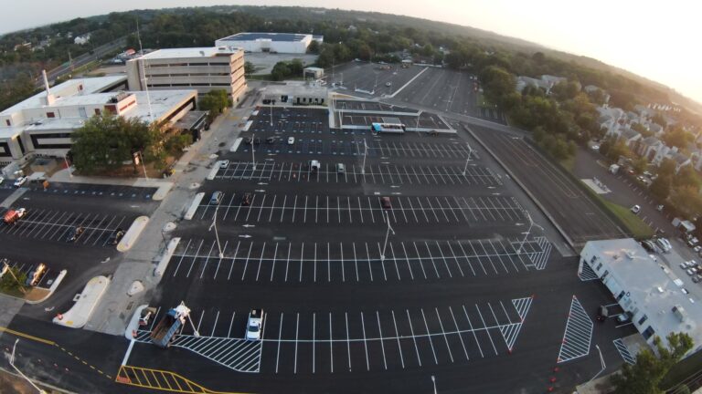 Overhead drone image of newly paved and striped parking lots at the Maryland MVA